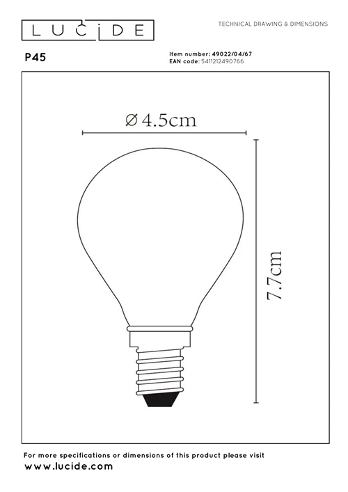 Lucide P45 - Filament bulb - Ø 4,5 cm - LED Dim. - E14 - 1x4W 2700K - frosted - technical